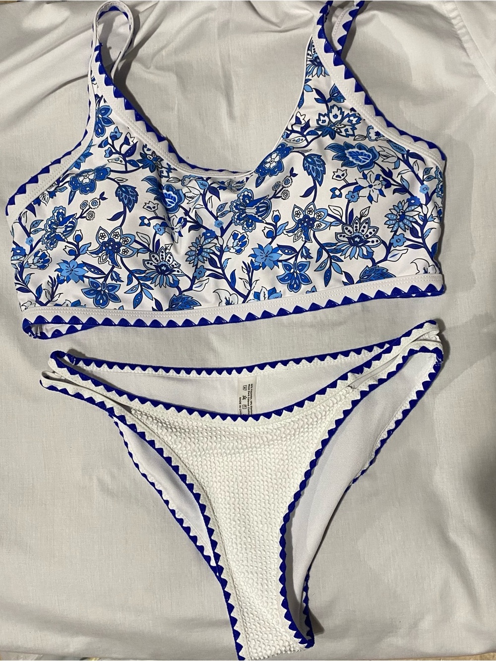 White Bikini Set with Blue Floral Print and Trim